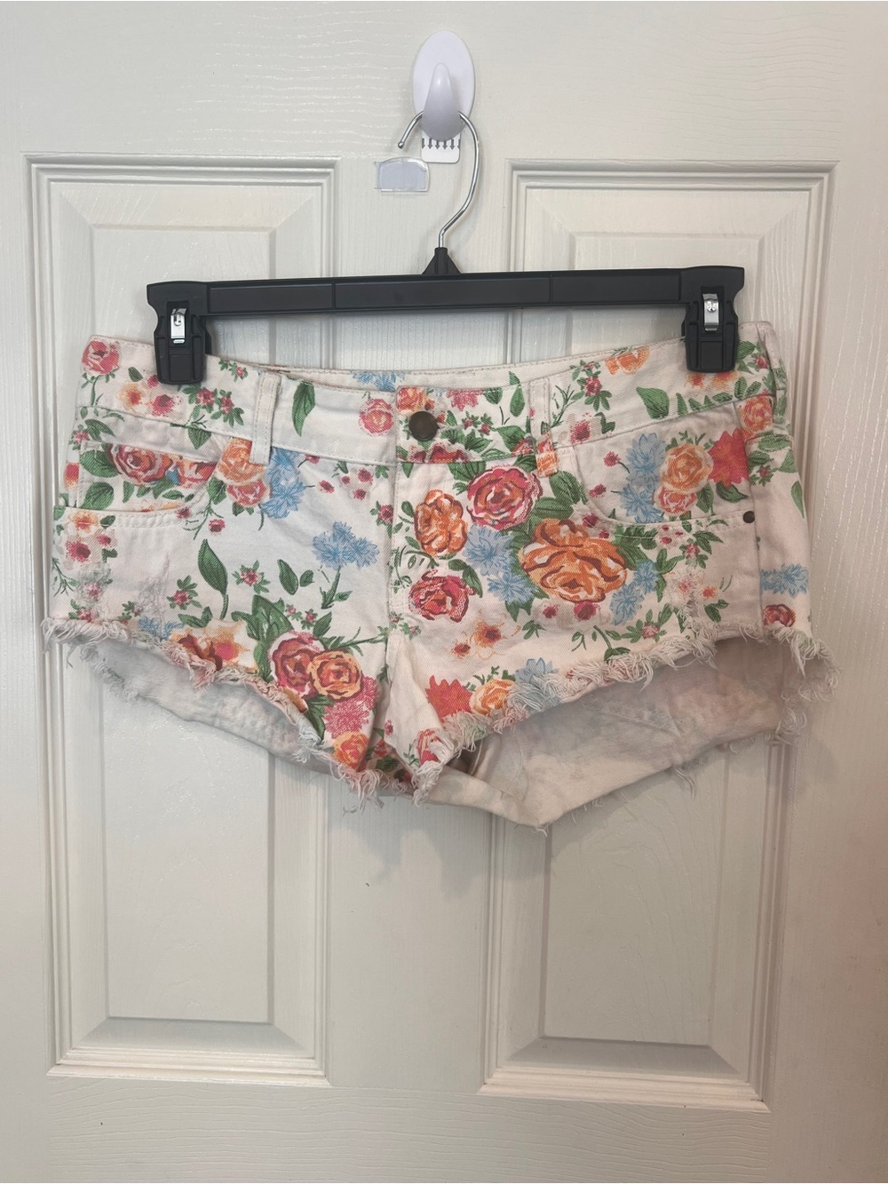 Billabong Floral Frayed Denim Shorts - White with Pink, Orange, Blue Roses